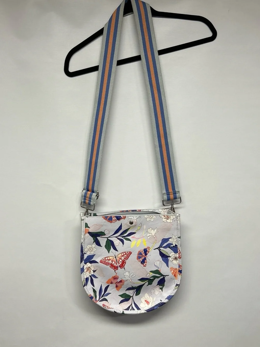 Anthropologie Light Gray Floral & Butterfly Crossbody with Striped Strap